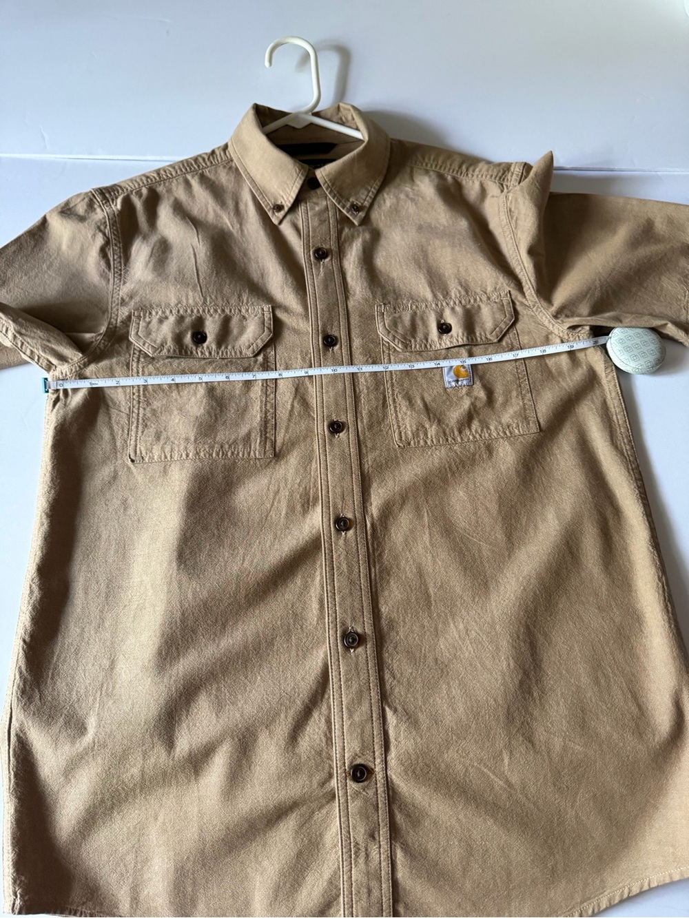 Sz S Carhartt Mens Button-Down Shirt in dark Tan chambray.. like new condition - Picture 13 of 13